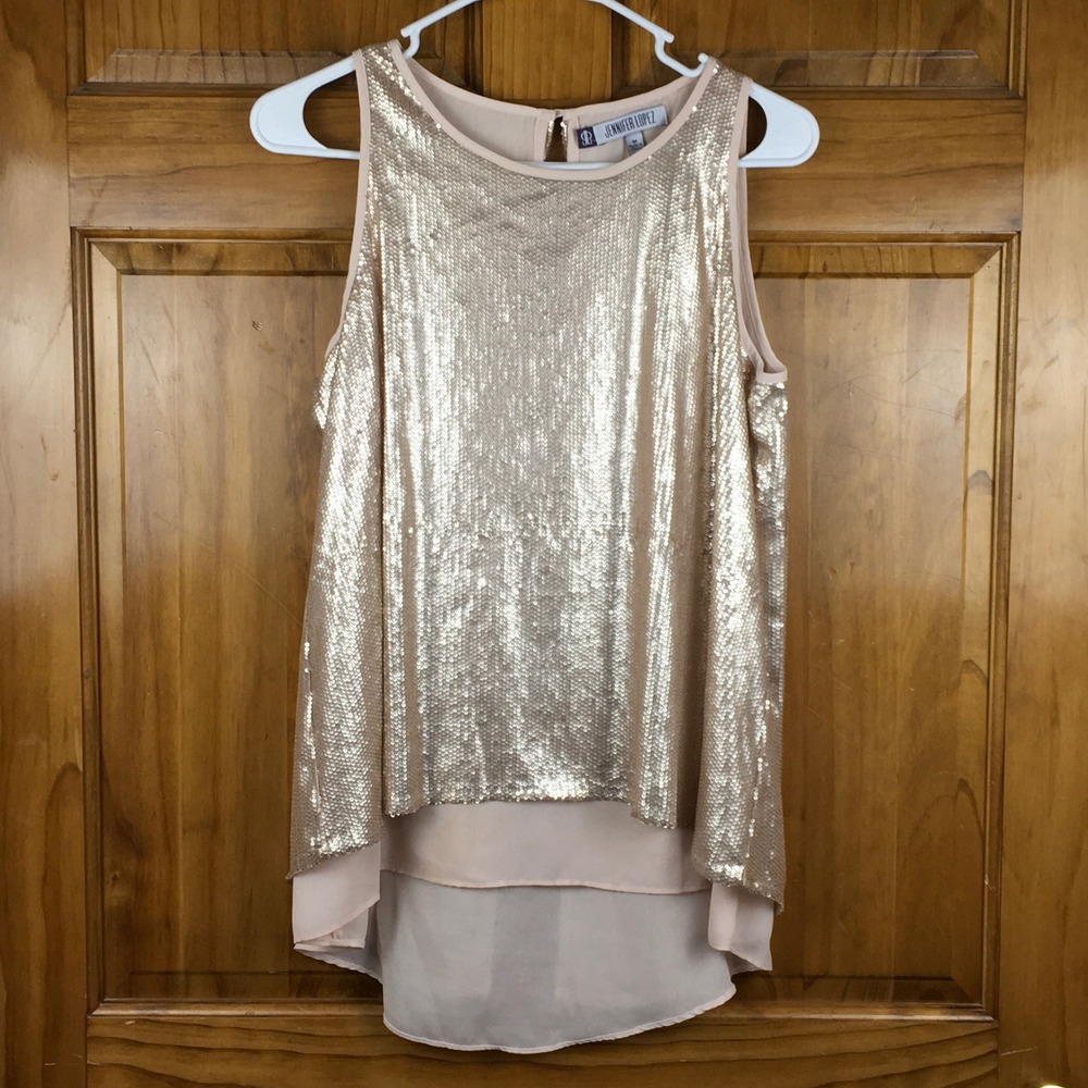 JLo Rose Gold Sequin High Low Tank Top Sleeveless Split‎ Back Med Glam Night Out